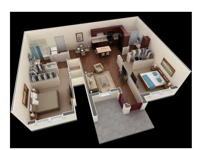Căn hộ 2 phòng ngủ được thiết kế hai bên, ở giữa là không gian sinh hoạt chung