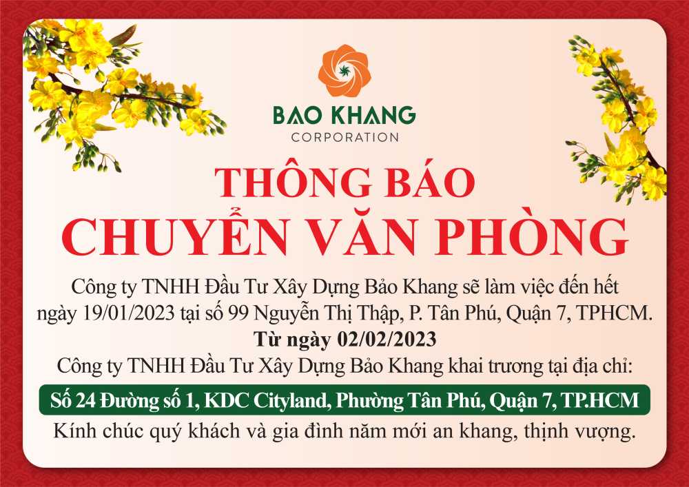 Thông báo chuyển văn phòng công ty Bảo Khang